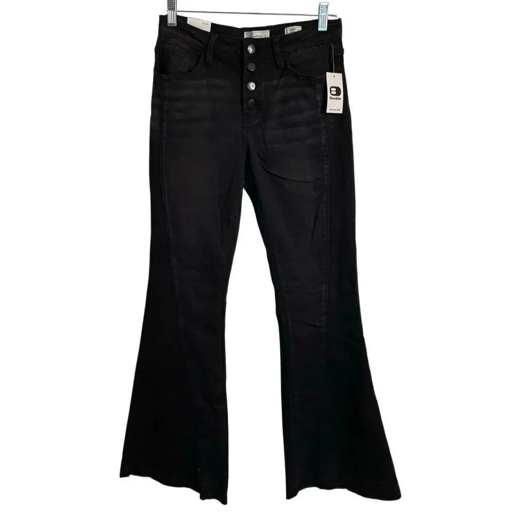 KanCan Signature Womens Flare Mid Rise Jeans Faded Black Wash Button Fly Raw Hem